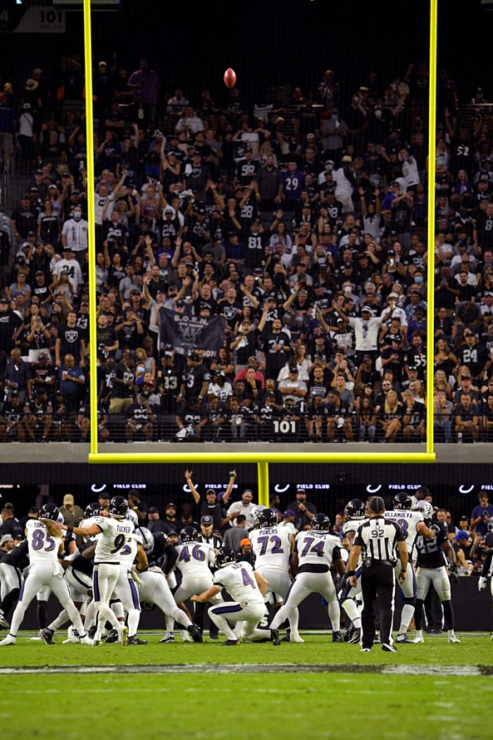 Justin Tucker kicks a game-tying field goal against the Raiders in Week 1 of the 2021 season